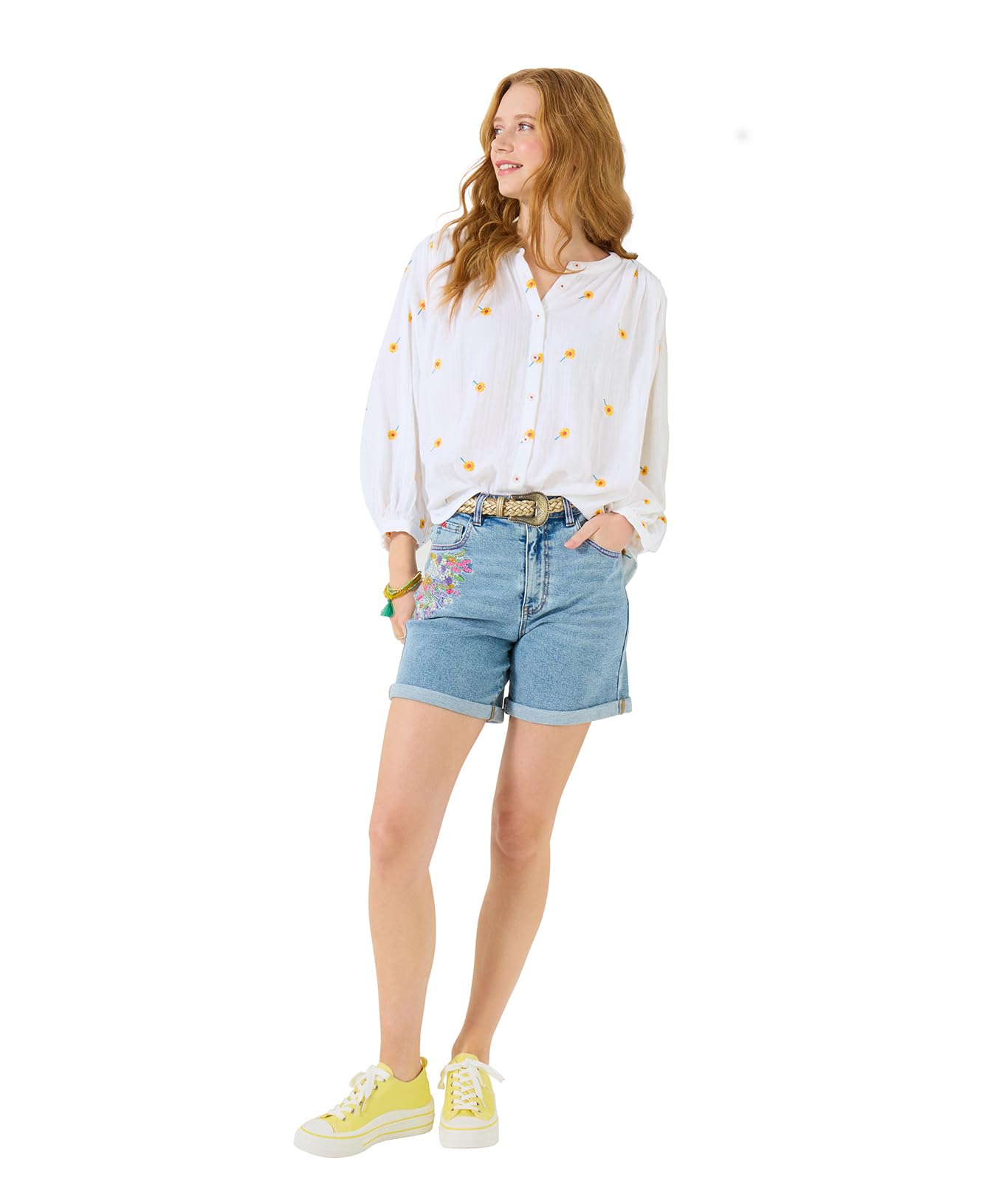 Joe Browns Women's Daisy Embroidered Crinkle Cotton Blouse, Oversized, White, UK 20