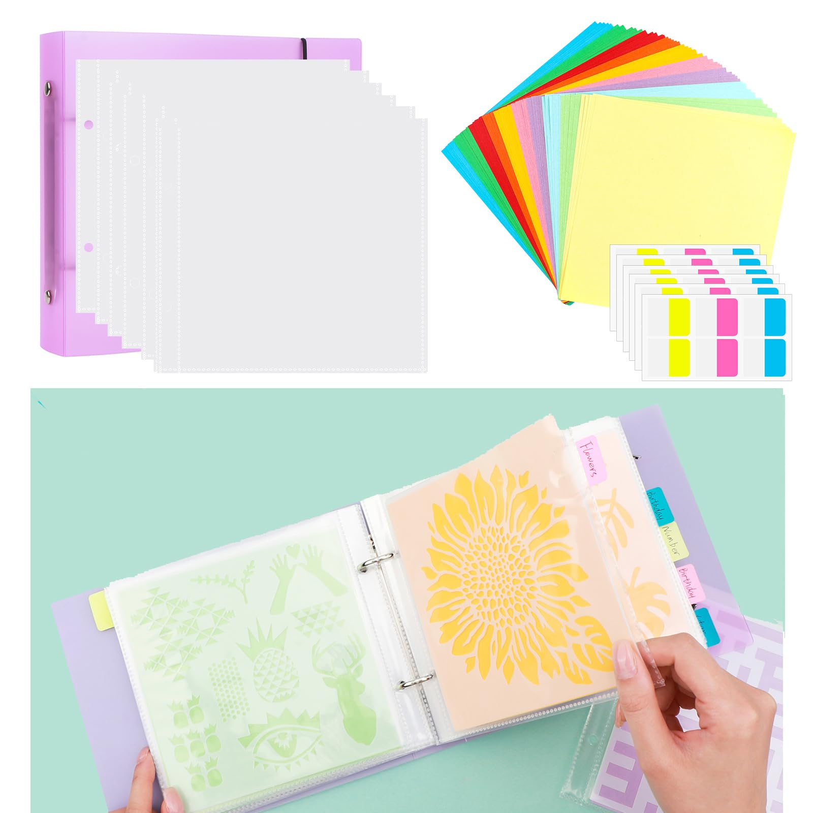 Cookie Stencil Storage Binder for Storage 6x6inch Stencils,Die Cuts,DIY Scrapbooking,Clear Stamp,Storage Folder Organizer Include 1 Purple Cover,50 Sleeve,50 Backing Paper and 10 Sheets Divider Tabs