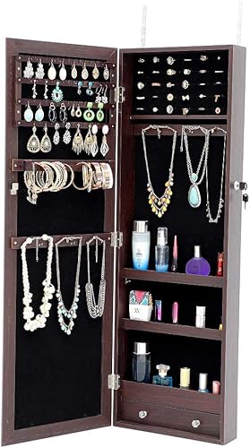 Vista 3 de ZeHuoGe Espejo con almacenamiento de joyas y luces LED, armarios de joyería para montaje en paredpuerta con cerradura con cerradura organizador