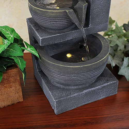 Sunnydaze Three Tier Cascading Basins Tabletop Water Fountain with LED Light, 15 Inch