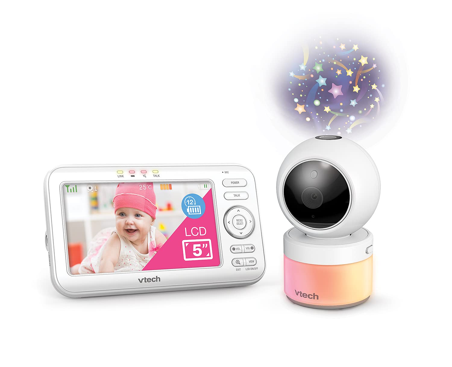 Niania elektroniczna wideo VTech VM5463 z monitorem 5-cala, lampką nocną, projektorem oraz funkcją pochylania, obracania i powiększania obrazu