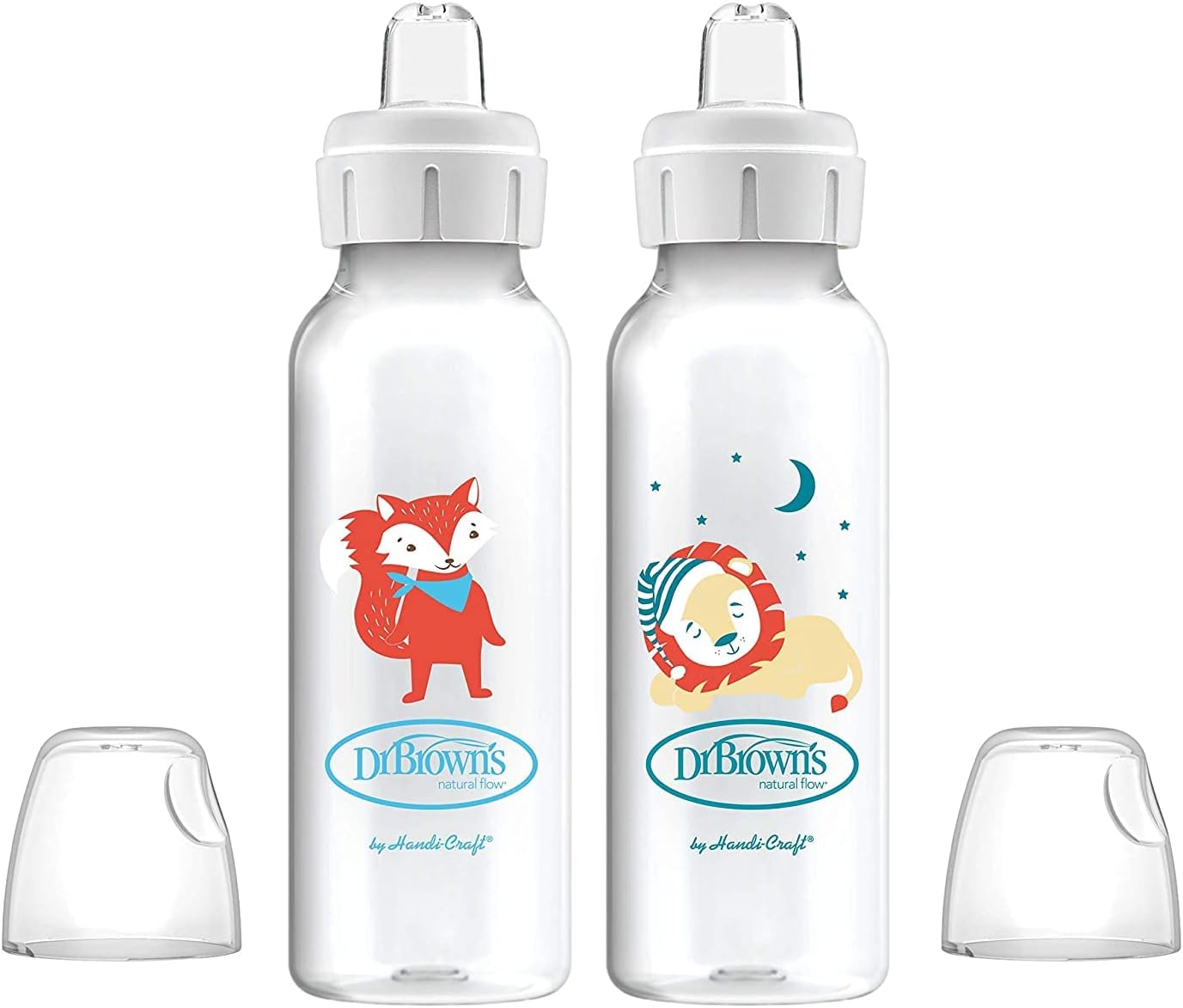 Dr. Brown's Milestones Narrow Sippy Bottle, 100% Silicone Soft Sippy Spout, 8oz/250mL, 6m+, Fox & Lion, 2 Pack
