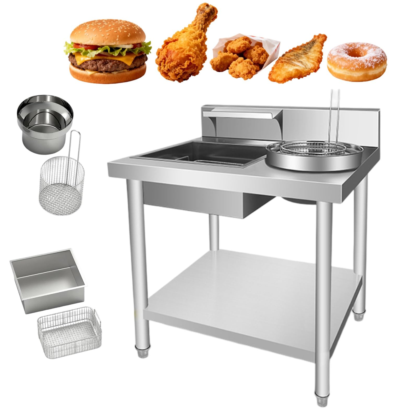 Mesa comercial de acero inoxidable para preparación de alimentos fritos, estación de revestimiento resistente con 2 cestas de almacenamiento de tamiz de harina (80 x 70 x 80 cm), ideal para