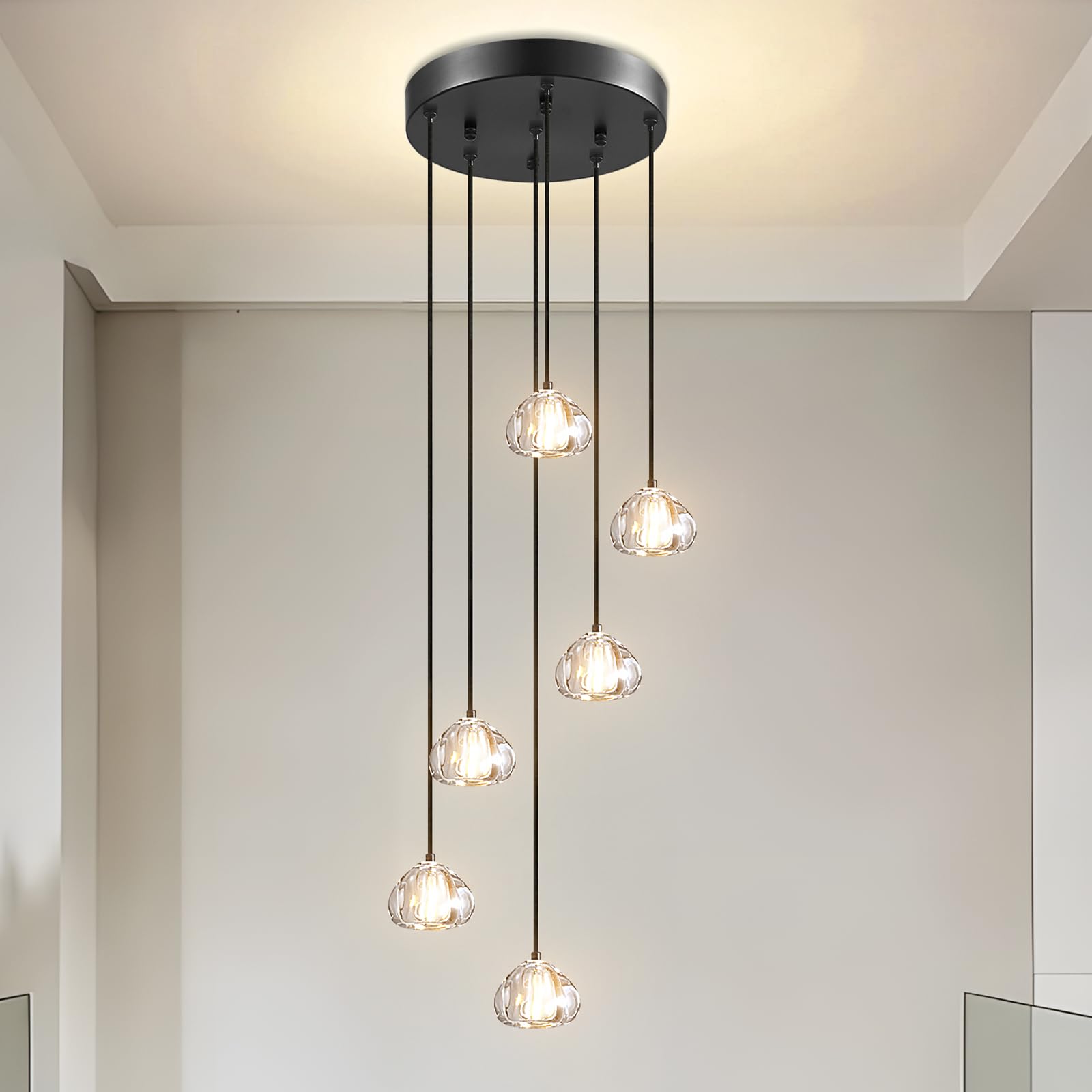 H.W.S Nowoczesna lampa wisząca LED, żyrandol Villa, regulowana wysokość, lampa wisząca szkło, do salonu, jadalni, przedpokoju, schodów, hotelu (6-punktowa, Okrągła, Czarna)