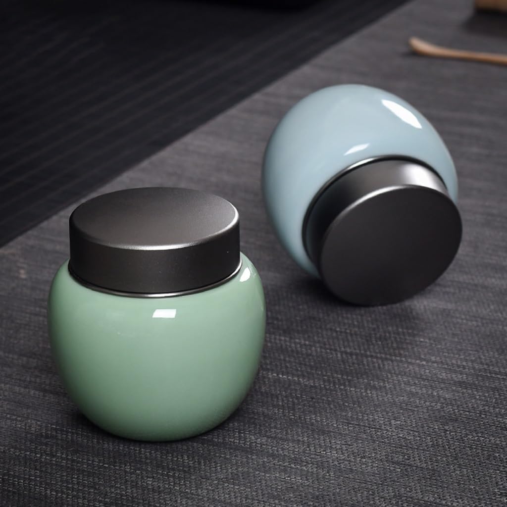 SONGCHAO Sugar Jar Celadon Tea can, Ceramic Sealed, Portable Travel Storage, Home Box Tea Canister(A)