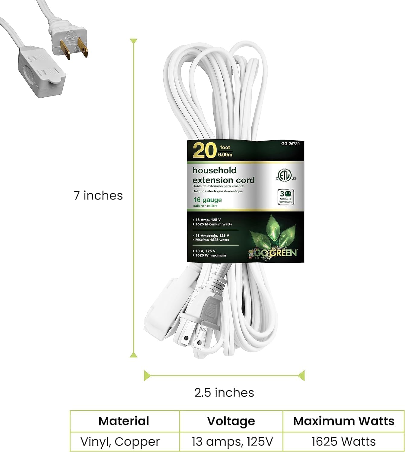 GoGreen Power Inc. (G-24720-5) 16/2 20' Household Extension Cord, 3 Outlets, White, 20ft, 5 Pack