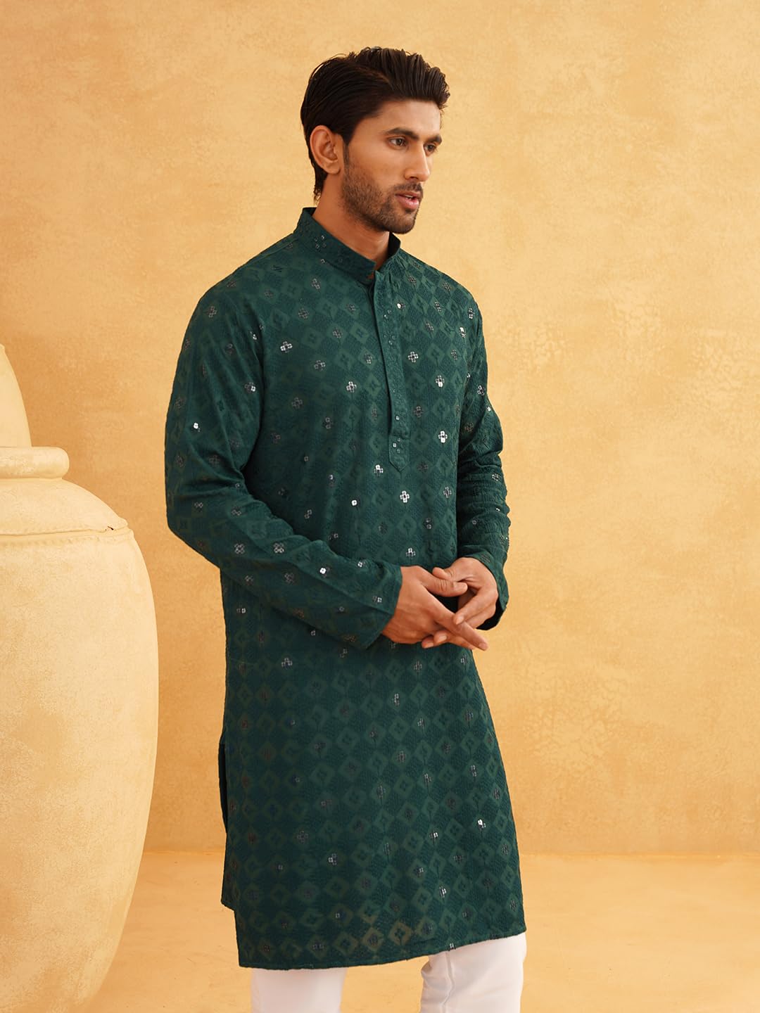Sojanya (Since 1958 Men's Cotton Embroidered Sequinned Green Long Kurta Size 42