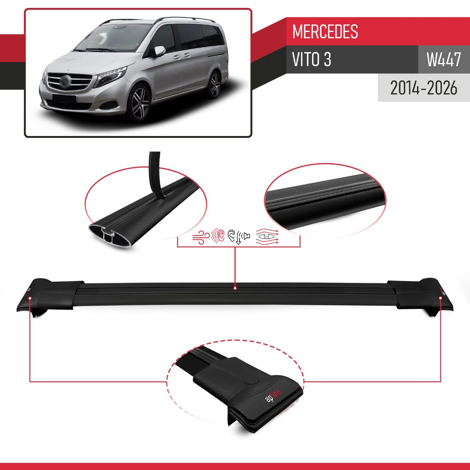Compatible avec Mercedes Vito 3 (W447) 2014-2026 Fly Modèle Barres de Toit Railing Porte-Bagages de Voiture Aluminium Noir 3 Barres