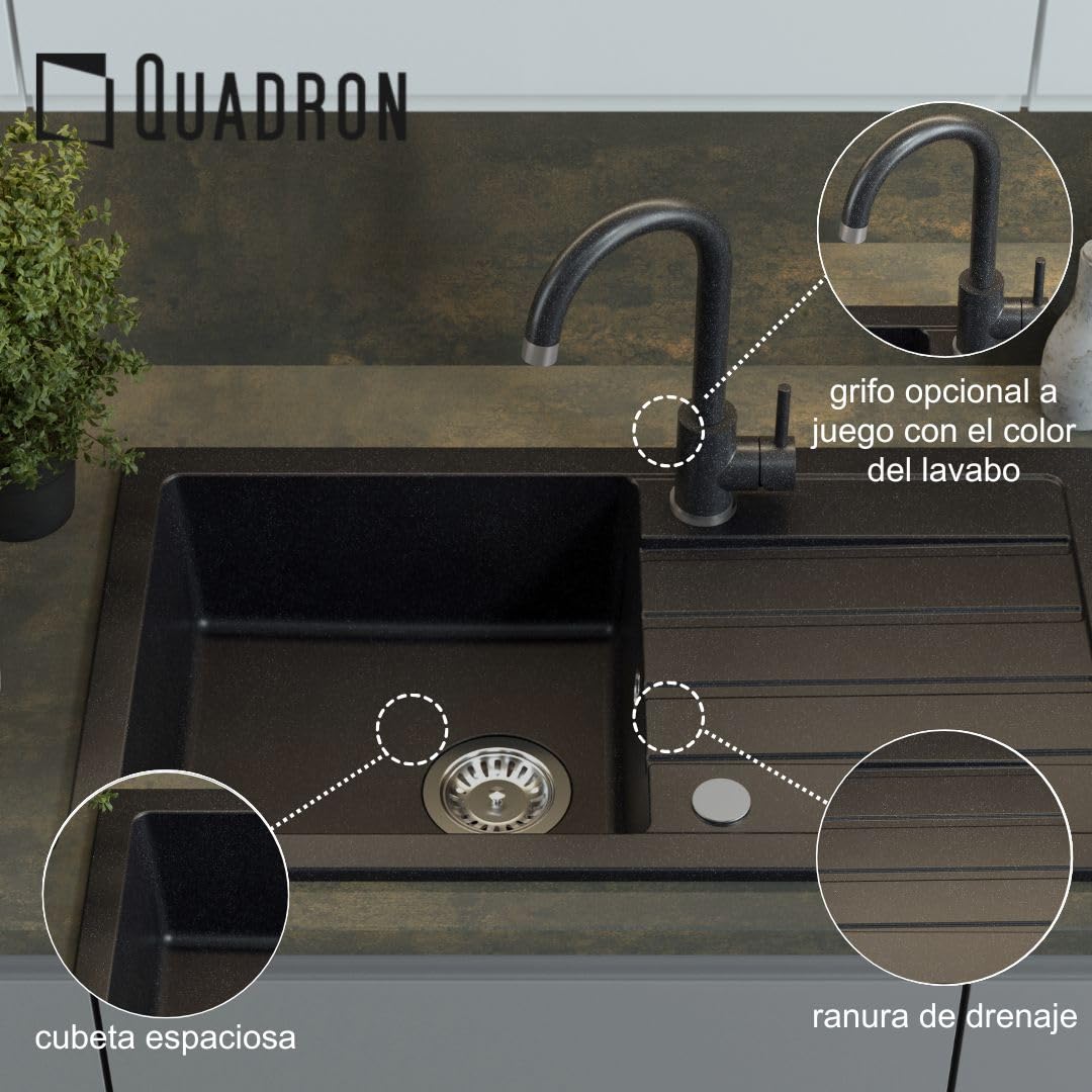 QUADRON Fregadero de cocina de granito con cubeta simple, dimensiones 77 x 44 x 17,5, color: beige, JERRY 111 Fregadero con cubeta simple, fregadero de granito, con sifón y desagüe manual