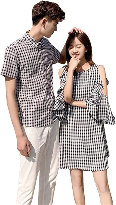Amazon ペアルック カップル Tシャツ ペアルック カップル ワンピース 半袖 Tシャツ ペア 可愛い ワンピース メンズ レディース 韓国風 綿 新婚旅行 ペアｔシャツ ご夫婦 お誕生日 プレゼント 恋人 チェック柄 夏 肩出し Tシャツ カットソー 通販