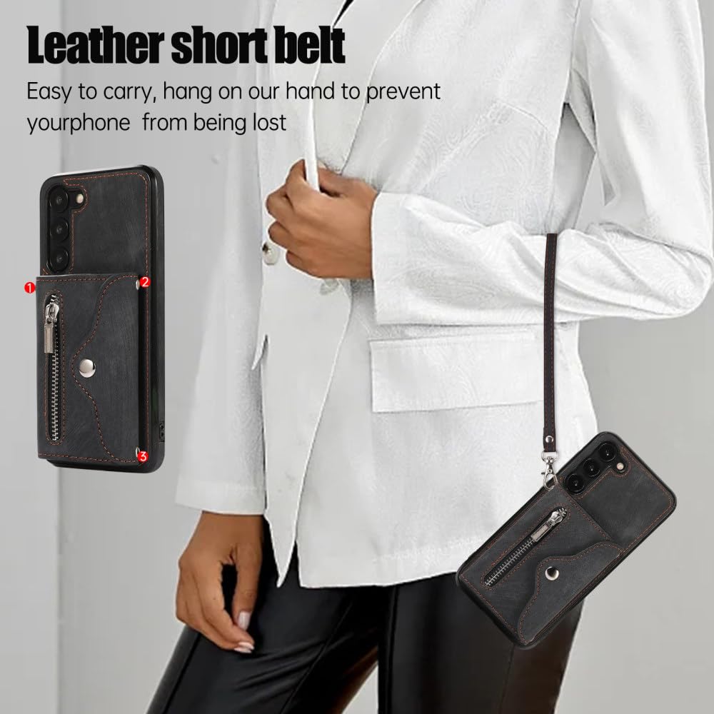 Funda Solt para Tarjetas de Cuero con Cartera con Cremallera y Cordón Largo para Samsung Galaxy A14 A54 A24 A34 A53 A52 S23 S22 S21 FE S20 Funda Cruzada, Negra, para Samsung S22Ultra