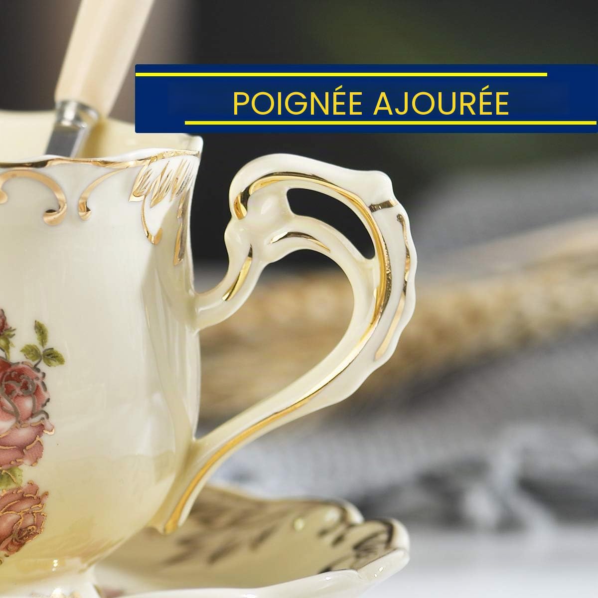 Yolife Floral Tasse à thé et Soucoupe Set, Vintage Ensemble de Service à thé 2 Cup Rose Pattern Ivoire