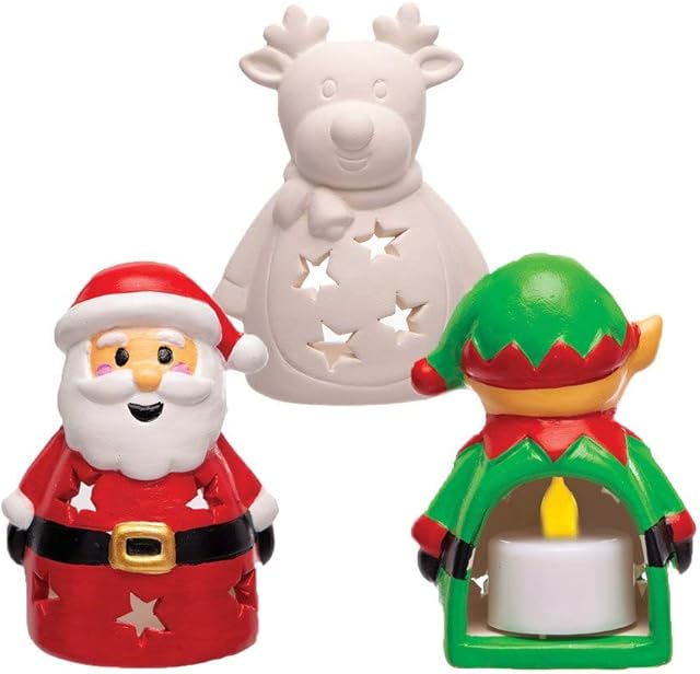 Baker Ross AT307 Christmas Tealights-Pack of 3, Festive Friends Craft Kits for Kids Ceramic Painting, White