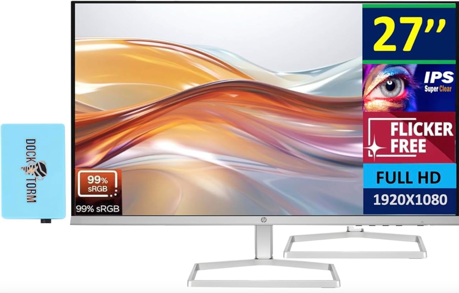 HP 27" FHD IPS (1920x1080) Monitor Bundle with Docztorm Dock, 100Hz Refresh Rate, 2X HDMI 1.4, 1x VGA, Flicker-Free, Anti-Glare, Ideal for Home & Business, White/Silver (2026 Latest Model) (2 Pack)