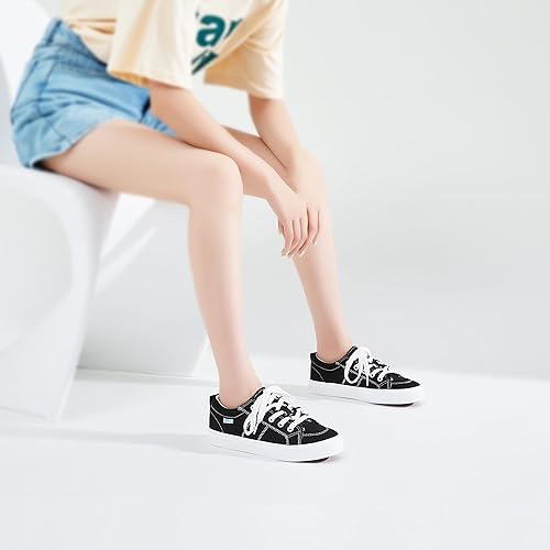 Miniatura 7 de Obtaom Zapatillas de moda blancas para mujer, lindas zapatillas de lona con cordones, parte superior baja, lona lavada, planas para dama