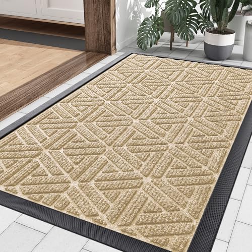 Smiry Front Door Mat Outside Entrance, Heavy Duty Natural Rubber Doormat, Trap Dirt and Moisture Easy Clean Low Profile Patio Porch Welcome Floor Mats for Entry, 29.5x17 Inch, Beige