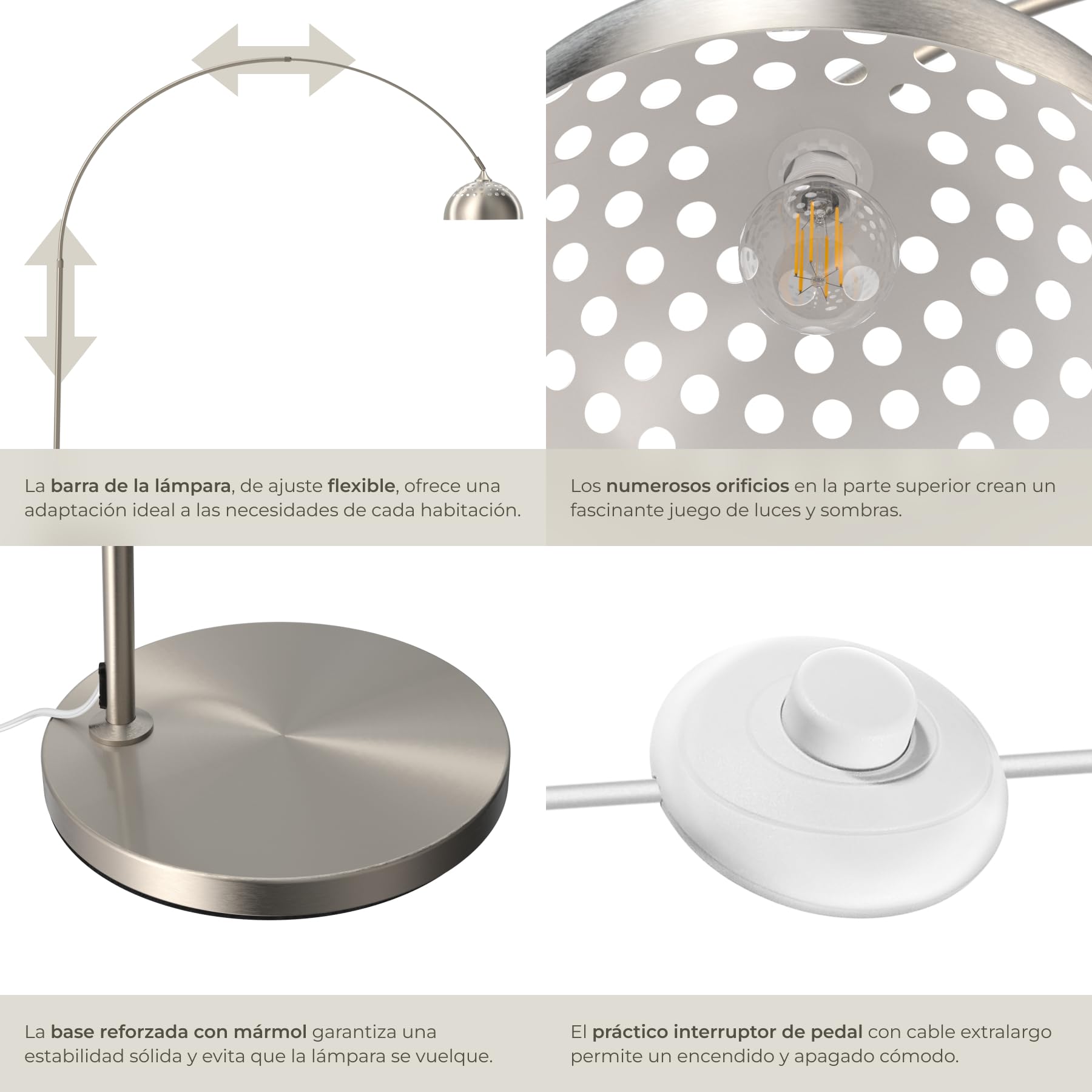 tectake® Lámpara de Pie Regulable en Altura, Diseño Retro Años 70, Lampara de Pie Lectura con Pantalla Giratoria, Base Sólida con Protector de Suelo, Ideal como Decoración Salon - Níquel Mate