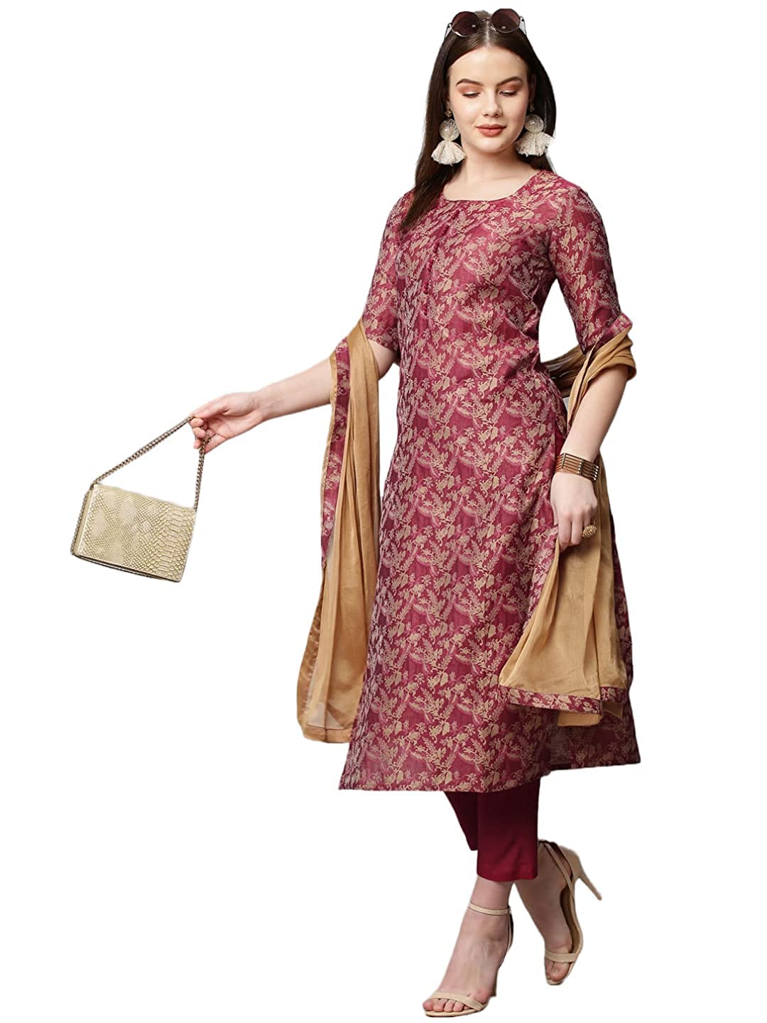 Women's Banarasi Silk Straight Printed Kurta with Pant & Dupatta-image-23