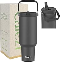 Vista 42 de Vaso de 40 onzas con tapa y pajilla, de acero inoxidable aislado al vacío con popote abatible y asa superior, botella de agua aislada reutilizable