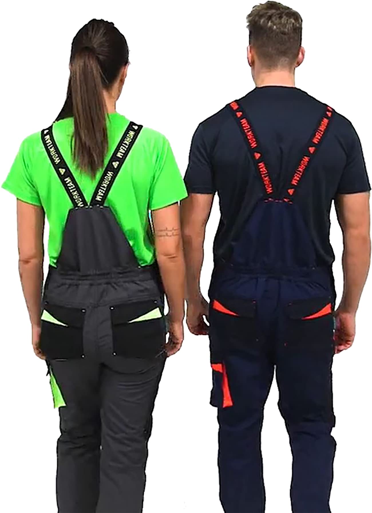 Teamwork Workteam Pantalones con Peto de Trabajo. Tejido Canvas (Extremadamente Resistente y Duradero). Tirantes con elástico y Hebillas automáticas. Unisex Marino+Marino Oscuro+Rojo A.V. XL