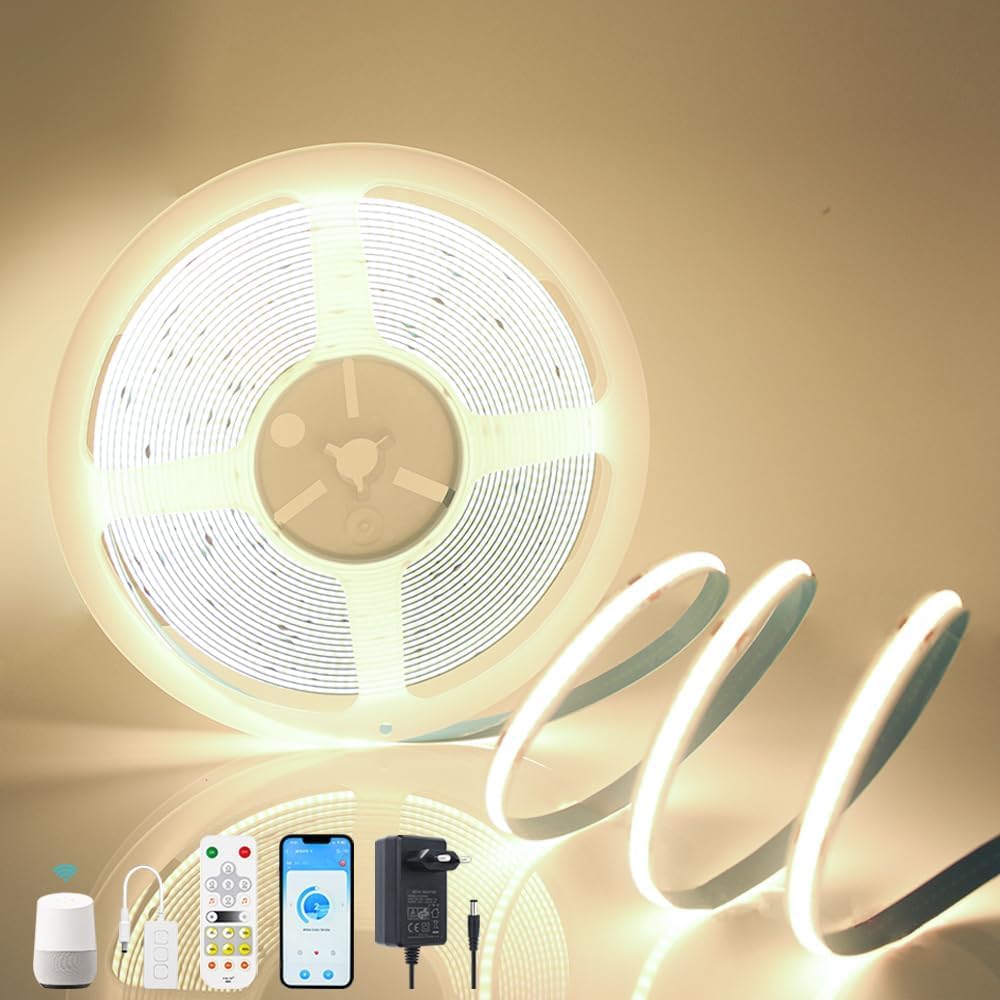 RYE 24V COB LED Strip Kit,4000k Nature White Dimmable Tape Light with RF Remote Control/Smart App,Support Alexa Control,Under Cabinet Bedroom Kitchen TV Mirror DIY Lighting,5M*480LEDs/M,CRI90+