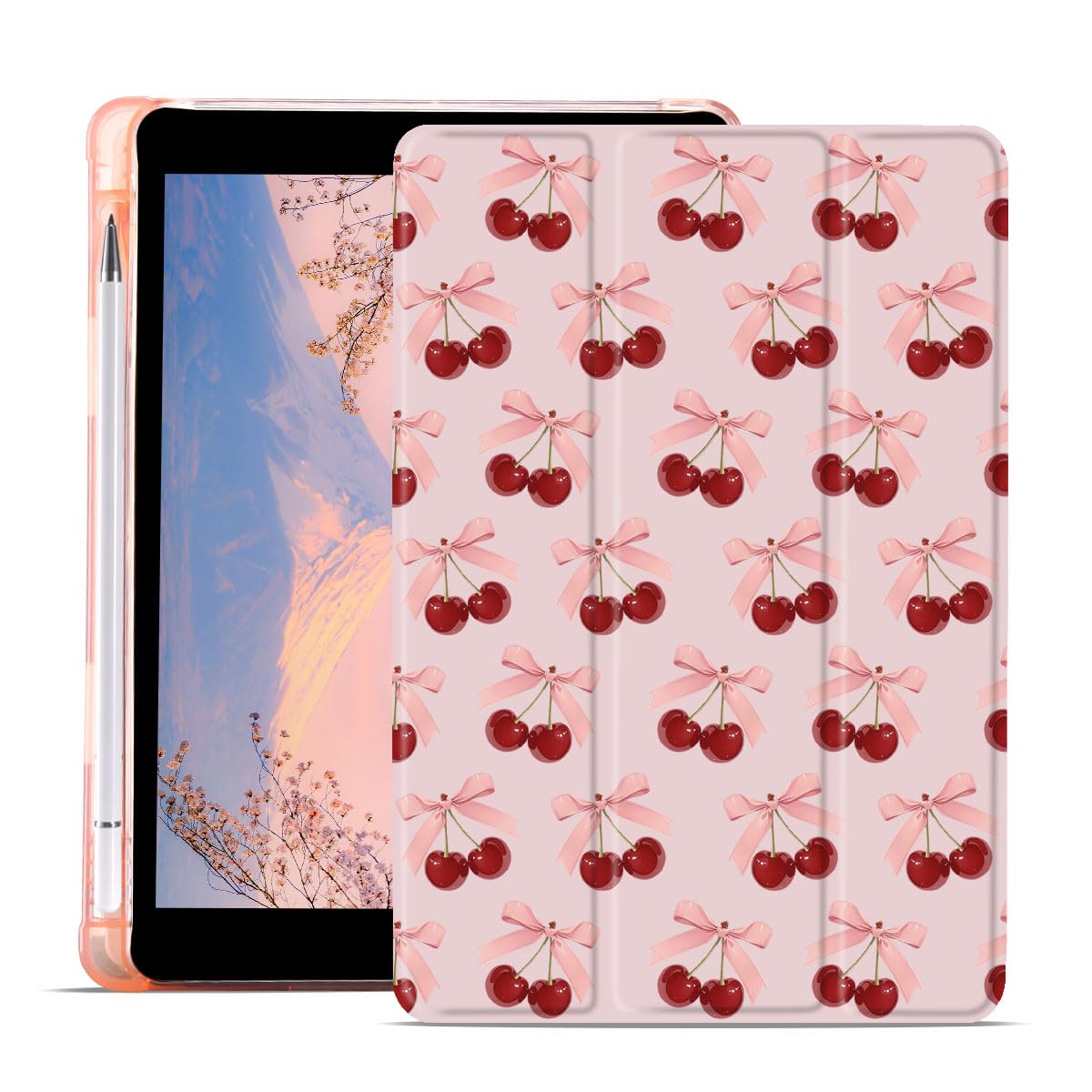 AdorableWhimsy Bowknot Cherry Printed Case for iPad (A16) 11th Generation 2025 11 Inch/iPad 10th Generation 2022 10.9 Inch with Pencil Holder Auto