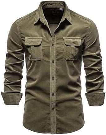 Mens Casual Thick Corduroy Shirt Long Sleeve Button Down Blouses Fall Warm Outwear Jacket