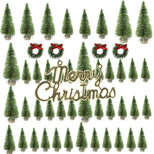 TiTa-Dong 49Pcs Mini Christmas Trees,Bottle Brush Trees Set - Artificial Frosted Sisal Christmas Tree with Wood Base,Miniature Pine Trees DIY Crafts Sisal Trees for Christmas Table Room Decor