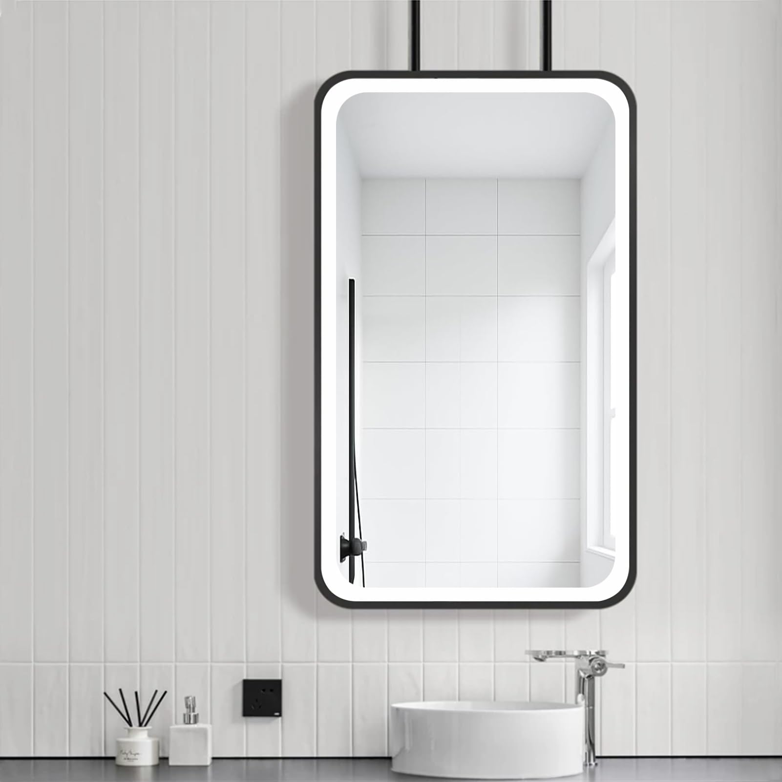 FGXHHS Black Metal Pole Ceiling Suspended Mirror｜Wall Mounted s Rectangle LED Vanity Makeup with Lights｜Modern Home Decorative Hanging Mirror(40cmx70cm)