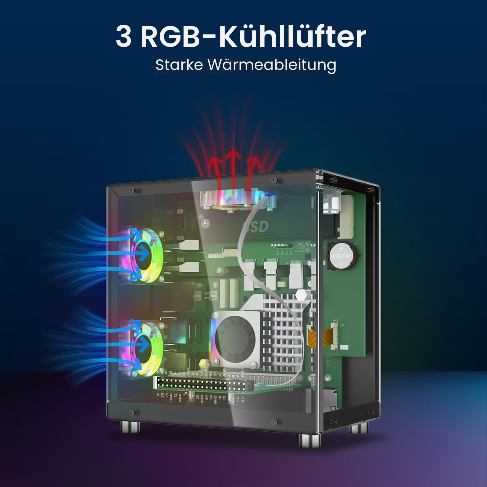 Elecrow Mini-PC-Gehäuse für Raspberry Pi 5: Aluminiumgehäuse mit 3 Kühlventilatoren, 1,3 Zoll OLED-Display, PCIe M.2 NVMe SSD 2230/2242/2260/2280 Unterstützung, RTC, Vollständiger Anschlusszugang