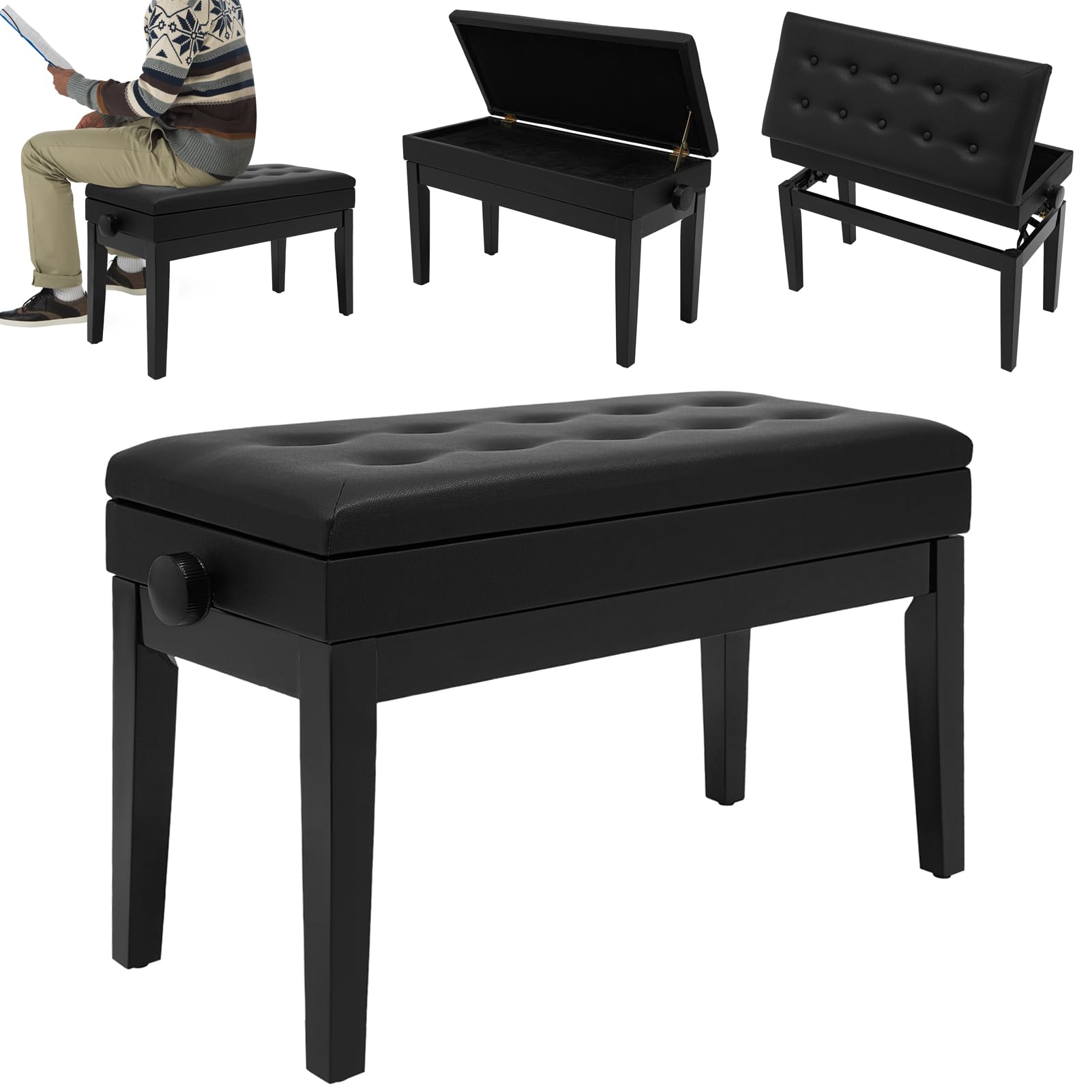 DHQCQL Taburete de piano regulable en altura, banco de piano con caja de almacenamiento, 73 x 33 x (46-56) cm, silla de piano con cojín de piel sintética para 2 personas, color negro