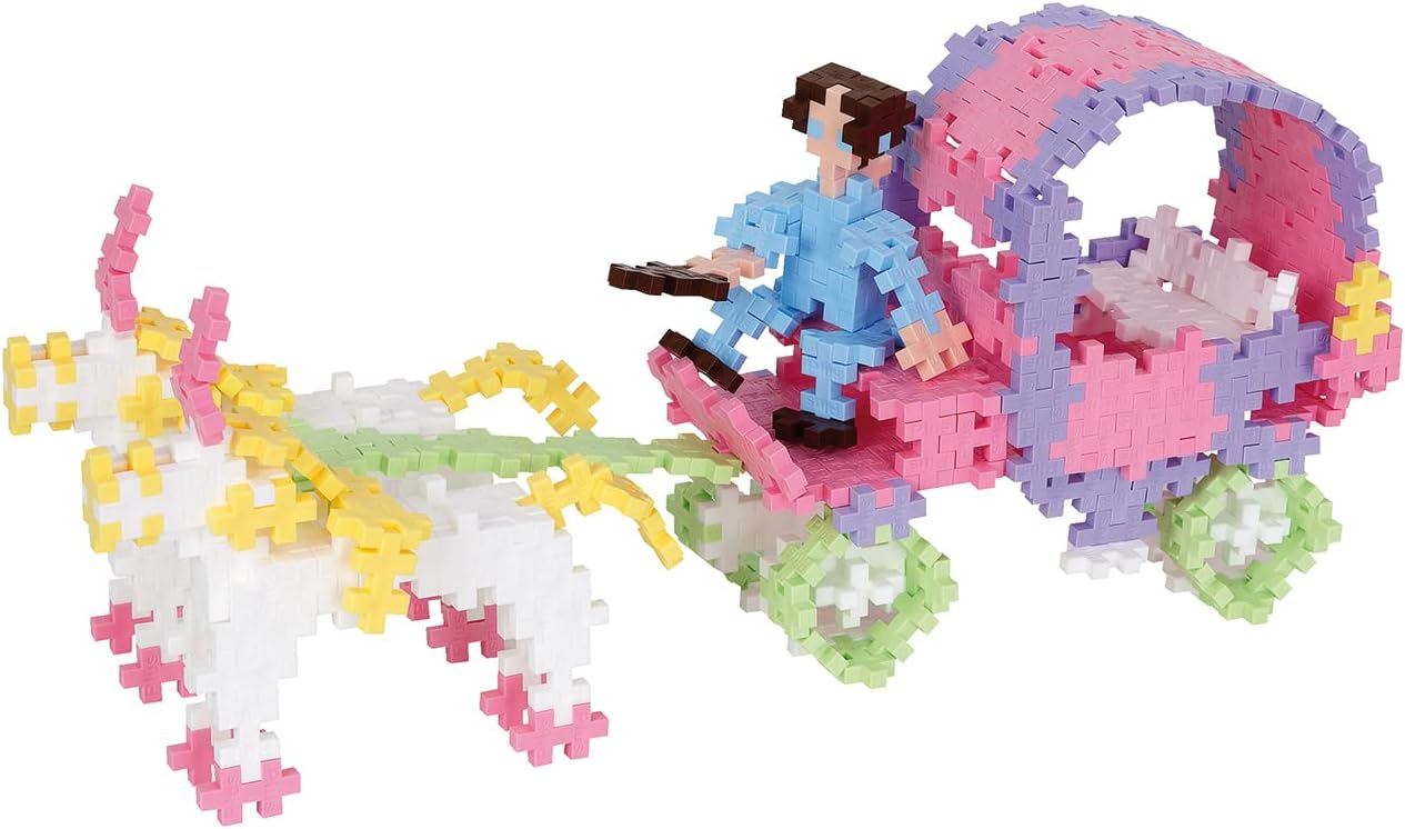 Assembled Plus-Plus horse and carriage with a figure driving.