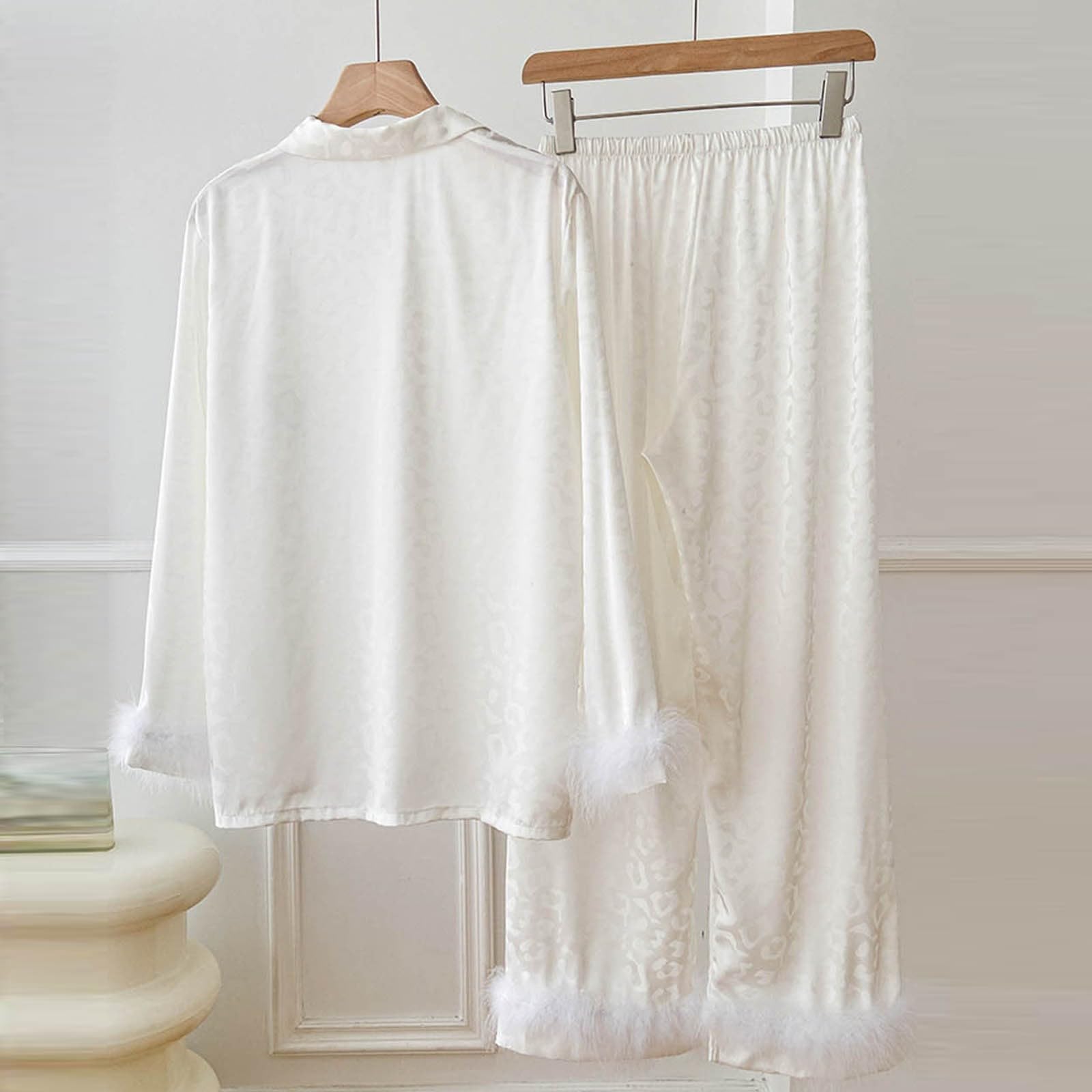 Damas Pijama Largo Mangas Botón Hielo Seda Plumas Ropa Casa Dos Piezas Traje Noche Cómodo