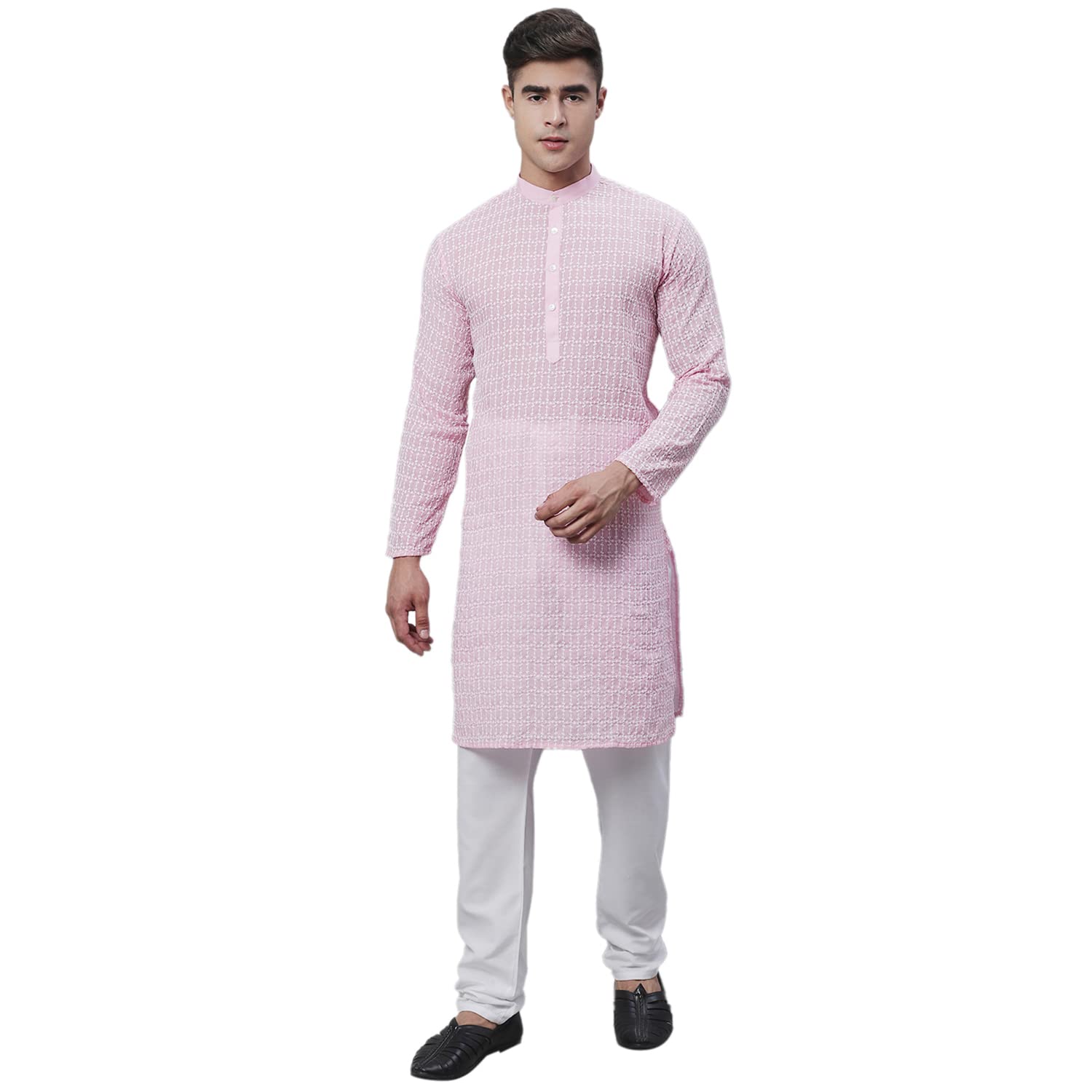 Sojanya (Since 1958 Men's Pure Cotton Pink Kurta With White Embroidery And White Pyjama Set