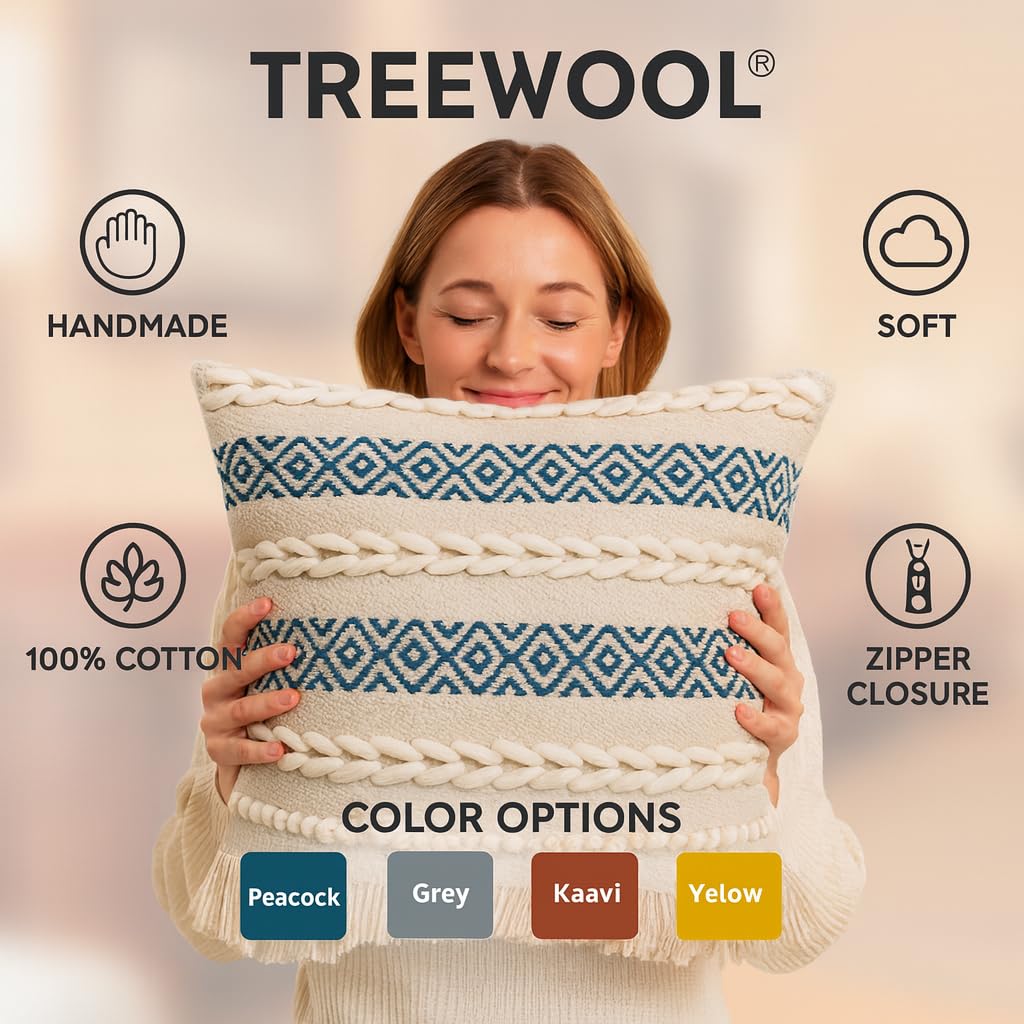 TreeWool Fodera per Cuscino Boho (45x45 cm, Verde Pavone, Confezione da 1) Cuscino Decorativo Tessuto a Mano con Passanti Intrecciati, Motivo Geometrico e Frange - Cuscino Quadrato per Divano