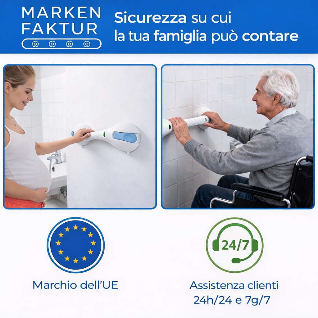 Maniglione Doccia a Ventosa Senza Fori – Maniglia Doccia Antiscivolo fino a 120 kg – Maniglione Bagno 44 cm per Doccia e Vasca – Ausilio Sicurezza per Anziani, Bambini e Persone con Mobilità Ridotta