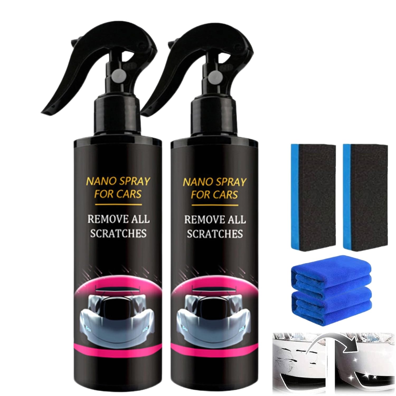 Nurafix Spray Anti-Rayures Pour Voiture,Fixapro Rayure Voiture Avec Eponge Et Serviette,Nurafix Spray Nano Anti Rayure Verre Liquide,Verre Liquide Carrosserie,Anti Rayure Voituré Carrosserie (120ml*2)