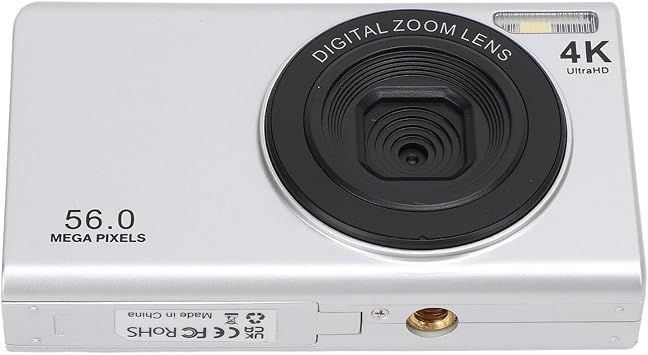 56MP 4K Digital Camera, Vlogging Camera with Autofocus, 16x Digital Zoom and 2.4 Inch Screen, Portable Compact Camera with Fill Light for YouTube, Travel, Photography (Silver)