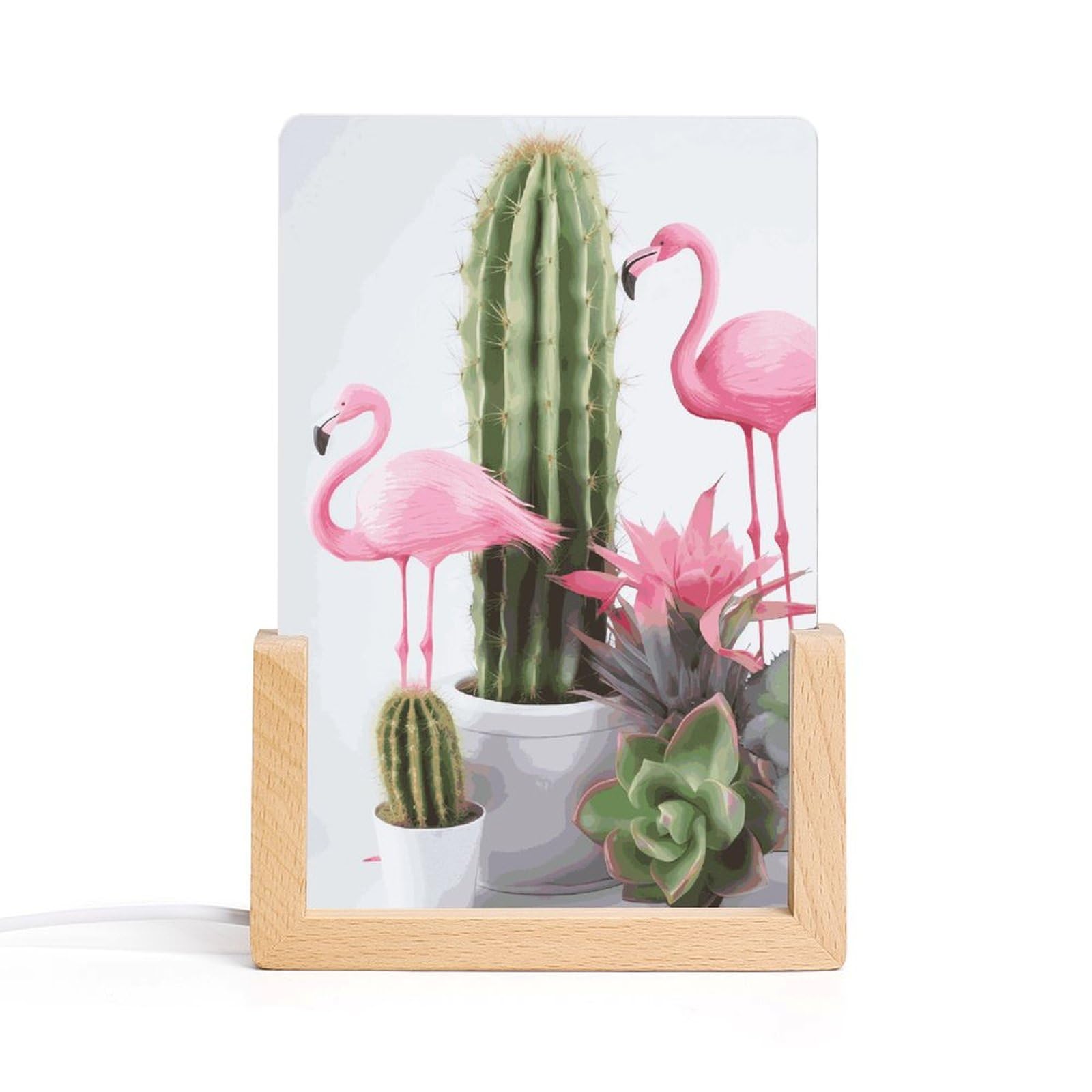 JTREHY Acrylic Night Light,Flamingo Succulent Plants Printed Wooden Base LED Night Light Modern Home Decoration Light with USB Switch Cable for Bar Cafe Bedroom Room Decoration