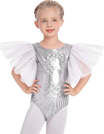 ODASDO Gymnastics Leotard for Girl Tulle Sleeve One Piece Bodysuit Glitter Shiny Metallic Ballet Dance Top Halloween Costume
