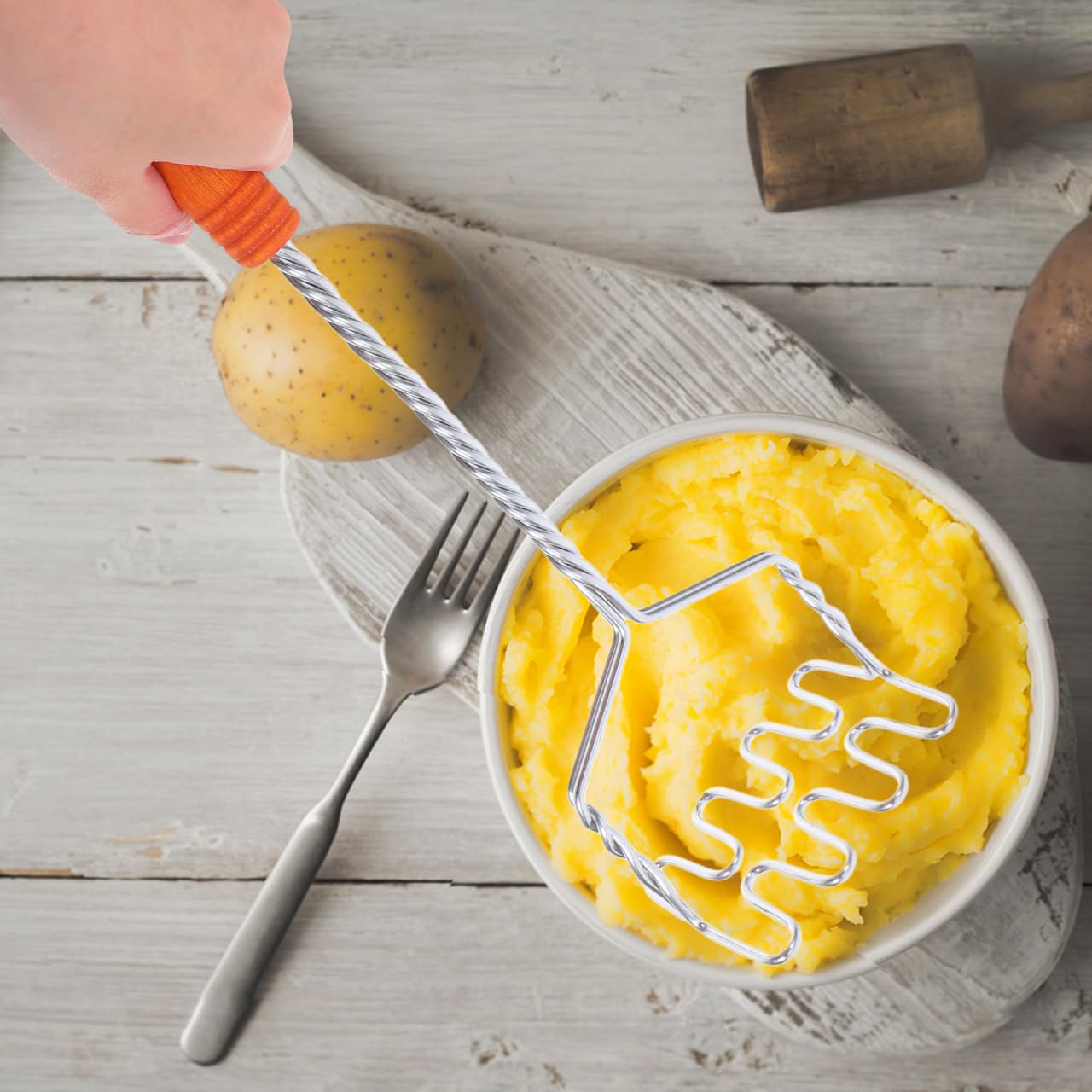 Hemoton Handkartoffelstampfer Edelstahldraht Stampferplatte Manuelle Bohnenstampfer Ricer Kartoffelpüree Werkzeug mit Holznadel für Kartoffeln Gemüse Obst