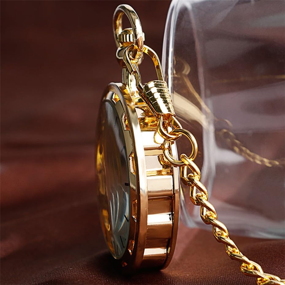 Transparente offenes Zifferblatt, hohles Skelett, mechanische Taschenuhr, Handaufzug, Vintage-Uhr, Geburtstagsgeschenk, mit Taschenkette(Gold Roman Numbers)