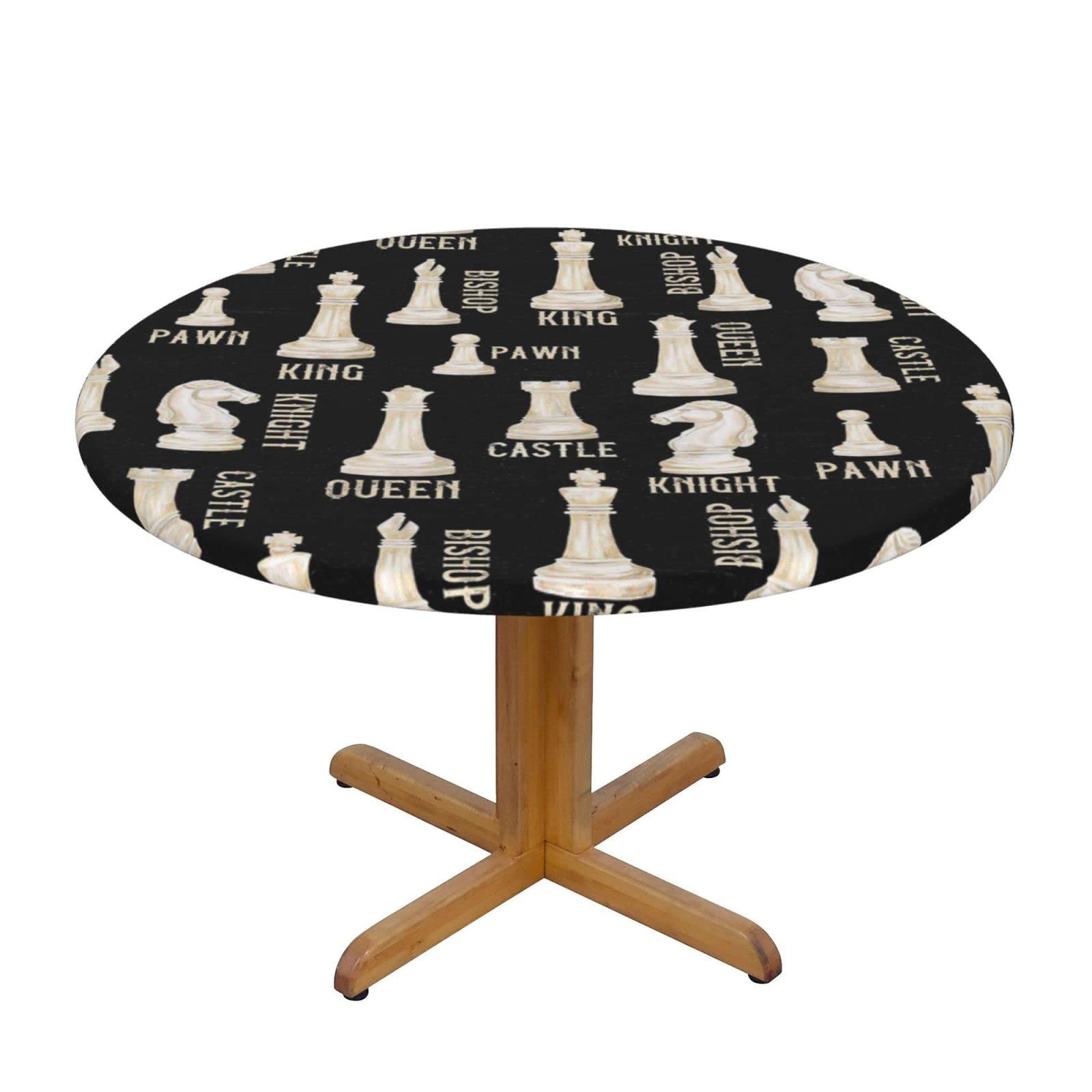 Lsjuee Round Fitted Tablecloth 45-50in Elastic Edged Table Cloth for Kitchen Dining Party Home Decor - Chess Black