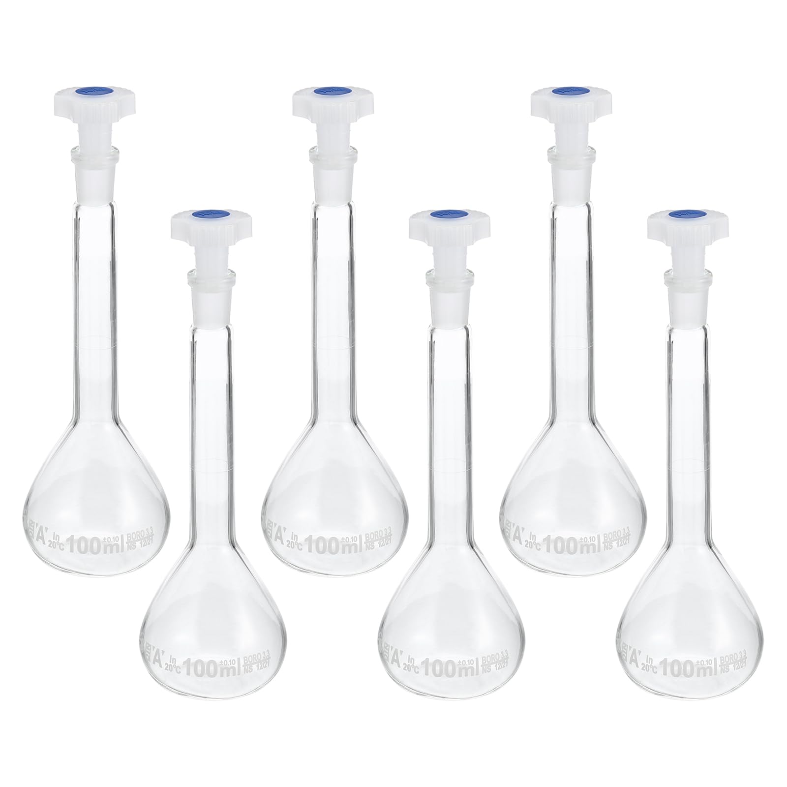 PATIKIL Flacone volumetrico da 100 ml, 6 pezzi, in vetro borosilicato 3.3, graduato, graduato, con tappo a spina, tolleranza 0,1 ml, per esperimenti di laboratorio, trasparente