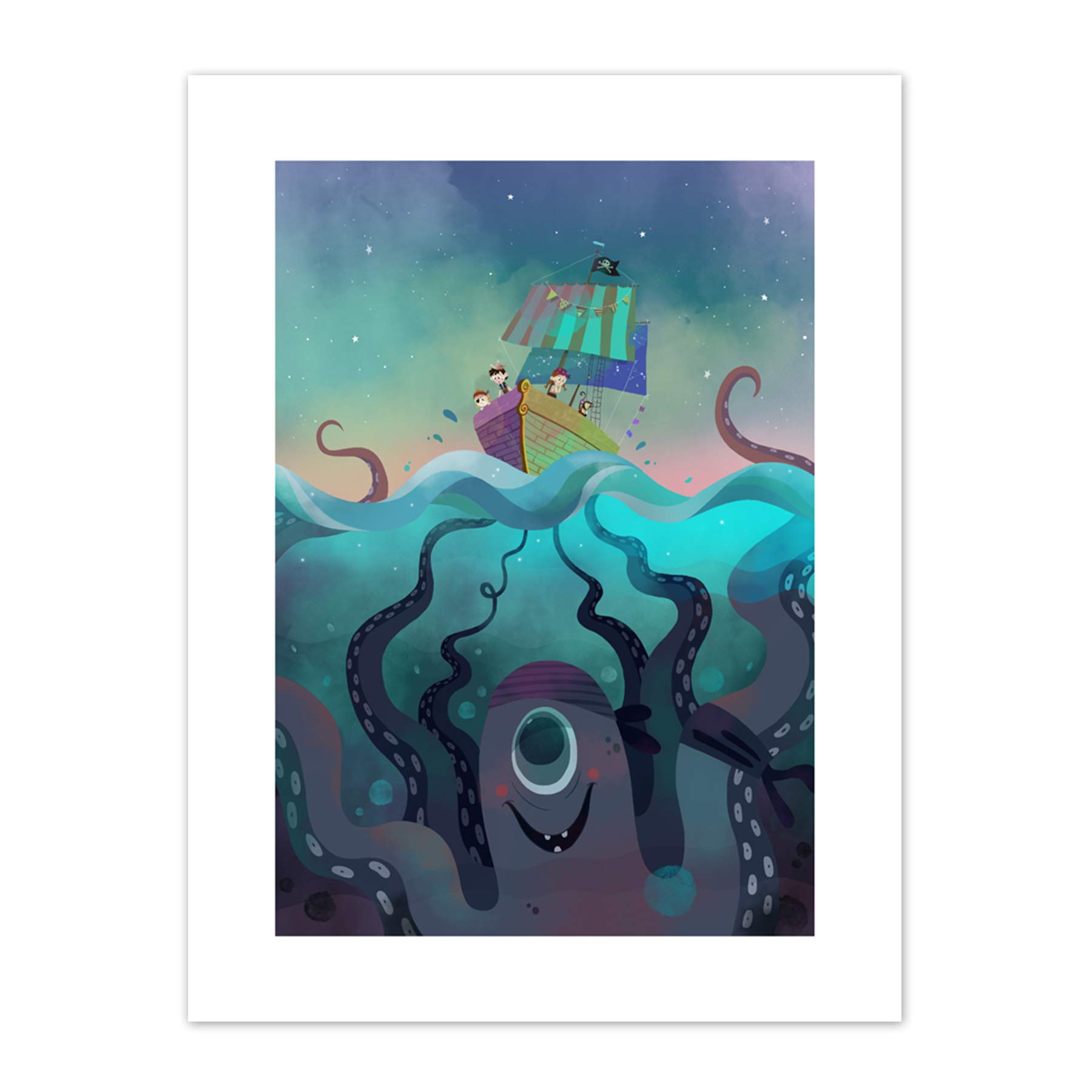 Wee Blue Coo Pirate Ship Octopus Canvas Wall Art Print