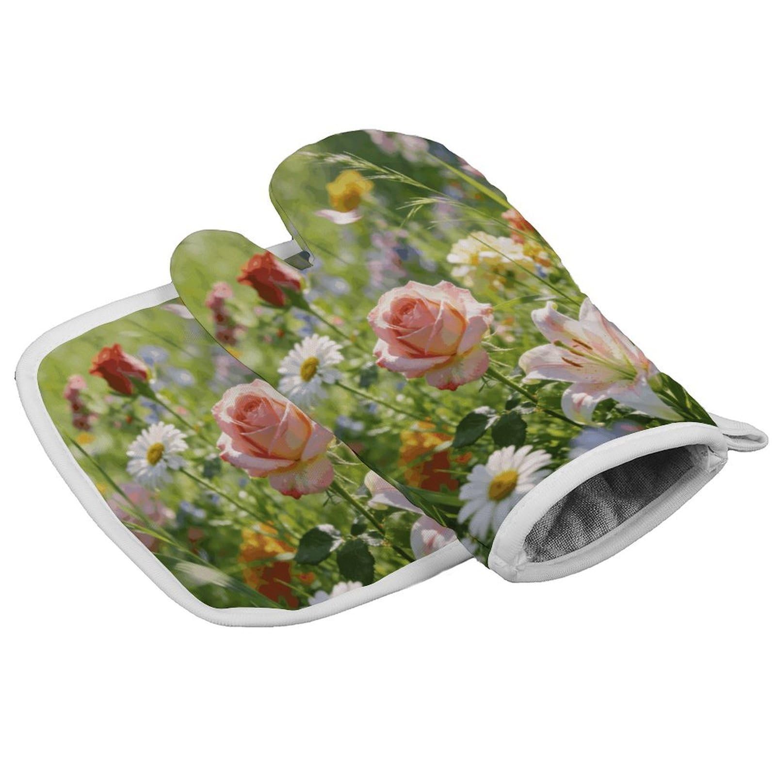 Fodpand Style Flowers Grass Oven Mitt Set With Lanyard, Cooking Mitt, Protective Thermal Insulation,Kitchen Mitt For Baking, Cooking, Grilling, Microwave