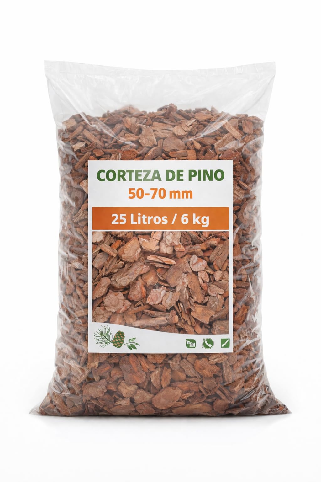 Corteza de Pino Premium Bolsa de 25 litros tamaño 50-70 mm (Peso: 6 kg)