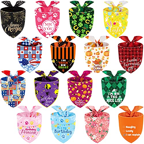 Weewooday 16 Pieces Holiday Dog Bandanas Christmas Dog Bandanas New Year Valentine's Day Pets Bibs Triangle Dog Scarf Dog Birthday Daily Floral Bandanas Xmas Plaid for Pet Festival Costume Supply