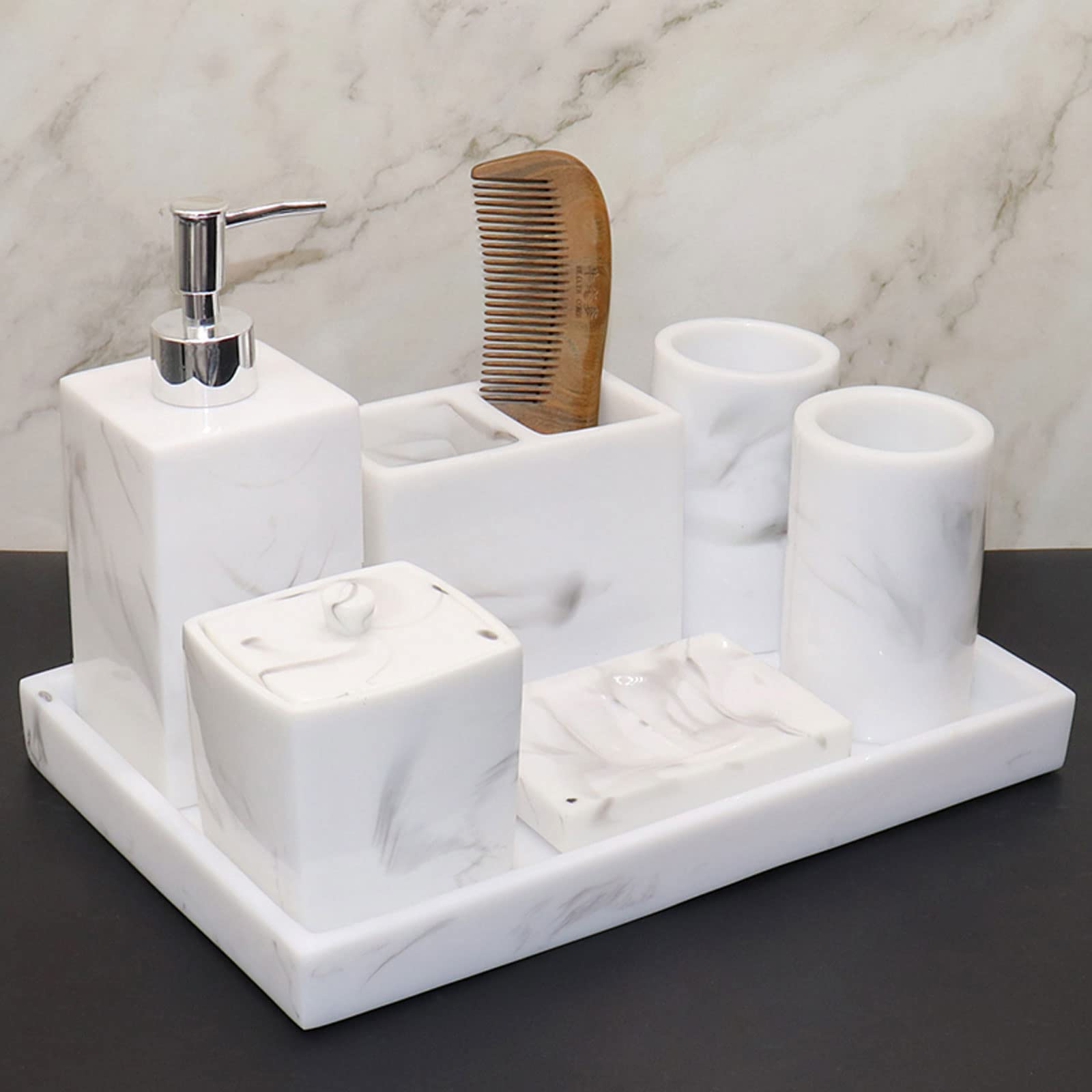 Juego de baño de mármol blanco con dispensador de jabón y vaso para tocador
