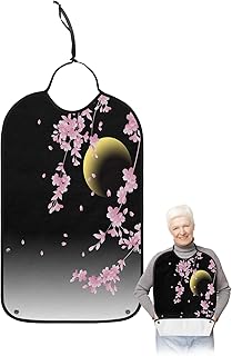 Adult Bibs for Elderly Women - Cherry Blossom Waterproof Dining Clothing Protectors with Crumb Catcher for Eating/Feeding, Spring Pink Floral Night Moon Black Terry Cloth Bib Machine Washable
